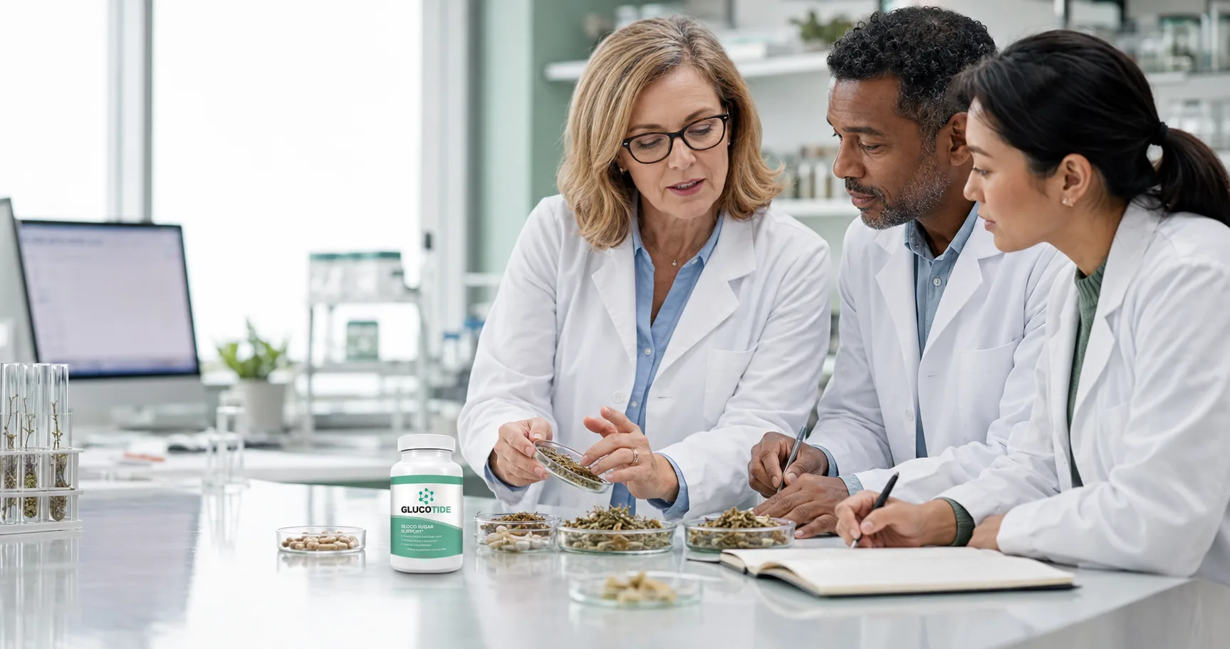 Research team reviewing GlucoTide's raw botanical ingredients in a lab setting